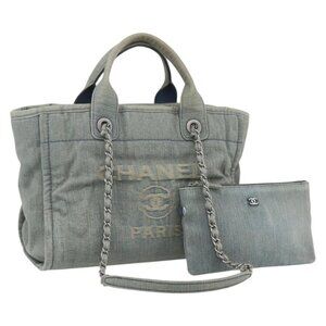 CHANEL Chain Deauville Tote Bag Denim Blue CC Auth ka852V